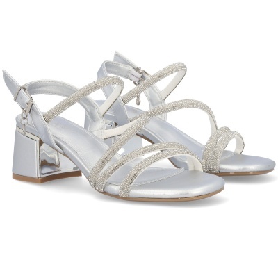 Sandálias femininas prateadas com brilho e salto quadrado