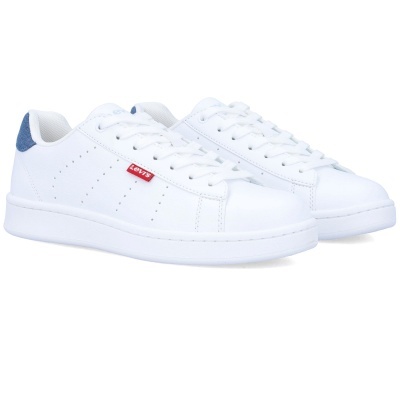 Ténis brancos de pele com etiqueta vermelha LEVIS e calcanhar azul