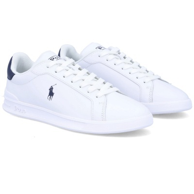 Ténis brancos de couro com detalhes azuis escuros e logótipos Polo