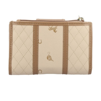 Carteira bege e castanha com padrão acolchoado e ícones dourados