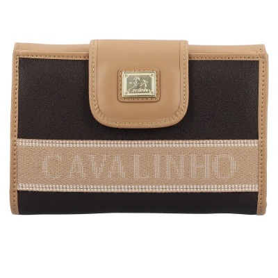 Carteira castanha e bege com fecho e placa dourada CAVALINHO