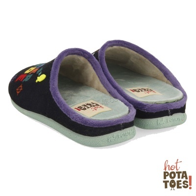 Par de chinelos de quarto coloridos com ribete roxo e sola verde clara