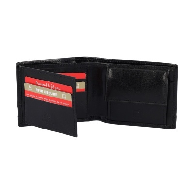 Carteira masculina preta em pele com texto RFID SECURE nos cartões