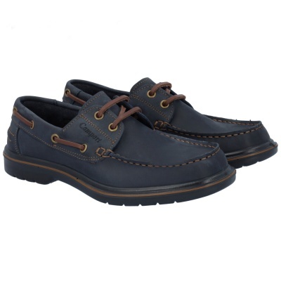 Sapatos tipo barco em pele azul escuro com atacadores marrons e costuras castanhas