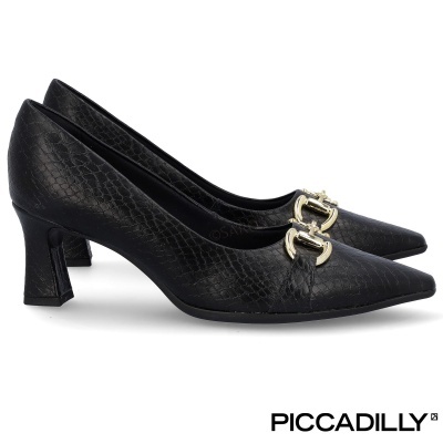 Sapatos de salto médio pretos com textura e aplique dourado