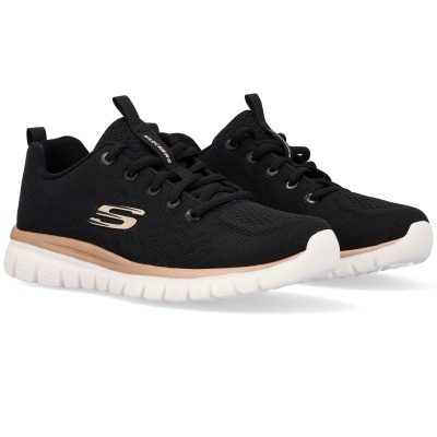 Sapatilhas Skechers pretas com sola branca e detalhe cor de salmão