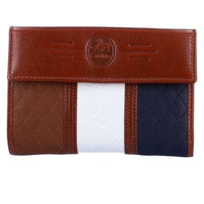 Carteira castanha, branca e azul escura com textura e gravação em relevo