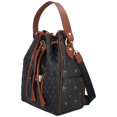 Mala preta com padrão castanho Cavalinho e acabamentos em pele castanha.