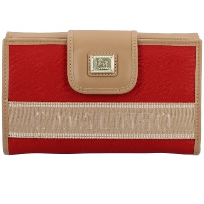 Carteira vermelha e bege com fecho de aba e logo Cavalinho