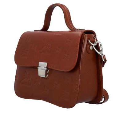 Mala de mão castanha em pele com padrão em relevo e fecho metálico prateado COACH