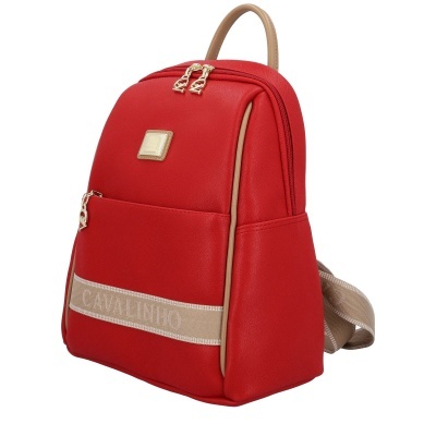 Mochila vermelha com detalhes bege e fechos dourados