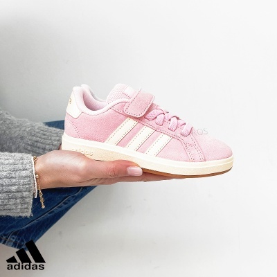 Ténis Adidas cor-de-rosa em camurça com três riscas brancas