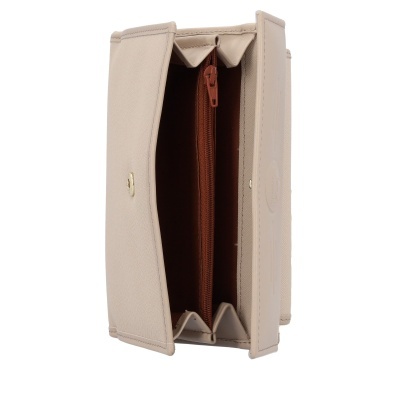 Carteira bege texturizada aberta com fecho de correr castanho no interior