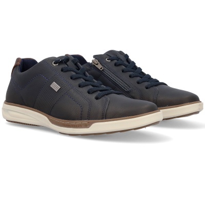 ténis de couro azul escuro com sola branca e fecho de correr lateral