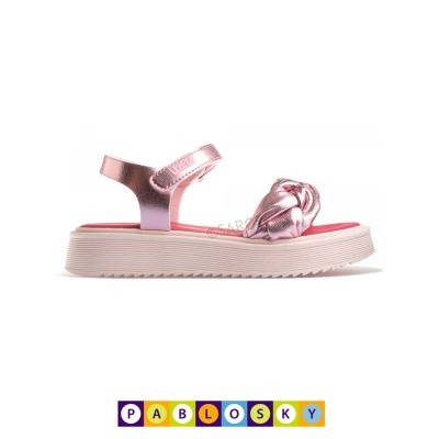 Sandália infantil rosa metalizada com sola branca e tiras ajustáveis