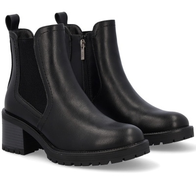 Botas pretas de salto médio com elástico lateral e fecho de correr
