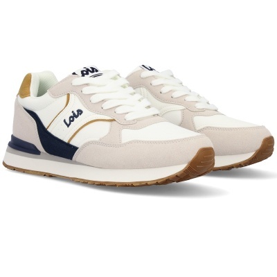 Ténis desportivos em tons creme, branco e azul escuro com sola castanha