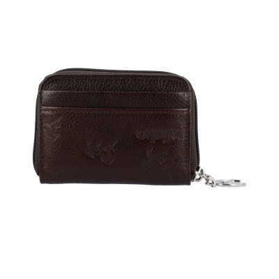Carteira porta-moedas de pele castanha escura com fecho zip e relevo