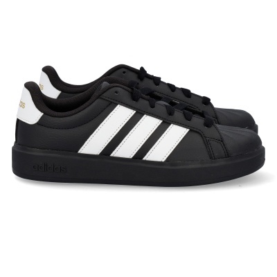 Sapatilhas pretas com três riscas brancas e sola preta Adidas