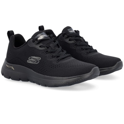 Sapatilhas pretas Skechers Arch Fit com sola preta e detalhes cinza
