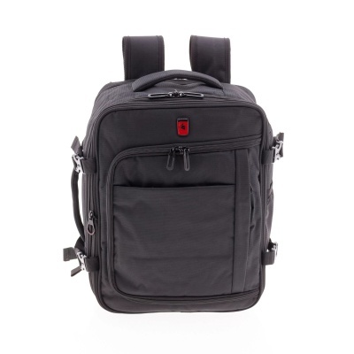 Mochila preta com vários compartimentos e fechos