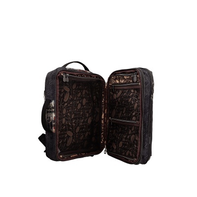 Mala de viagem preta aberta com bolsos de rede interior castanho