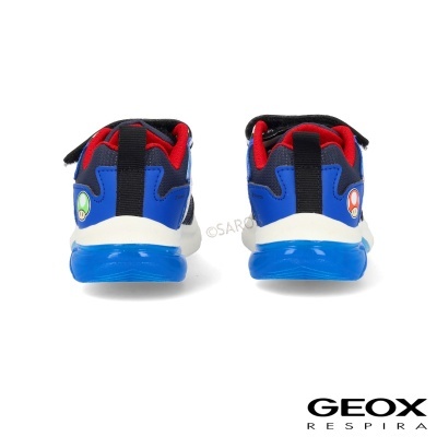 Ténis infantis GEOX vista traseira com sola azul e detalhes coloridos