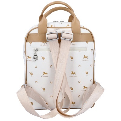 Mochila branca com padrão castanho e tiras castanhas claras