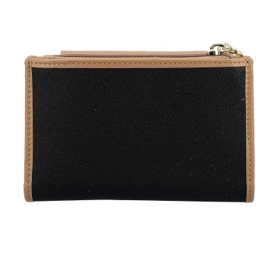 Carteira feminina preta com laterais bege e fecho de correr dourado