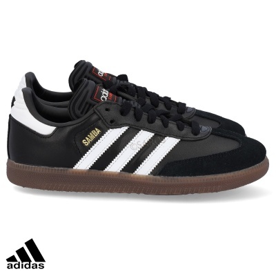 Sapatilhas Adidas Samba pretas com riscas brancas e sola castanha