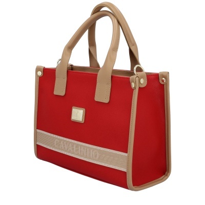 Mala de mão vermelha com acabamentos em bege e faixa escrita CAVALLIOTTO