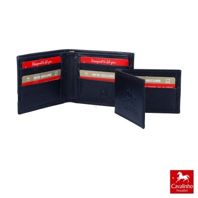 Carteira preta de pele com ranhuras para cartões e cartões com texto 'RFID SECURE'