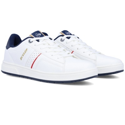 Ténis brancos Dunlop com detalhes azul escuro e vermelho