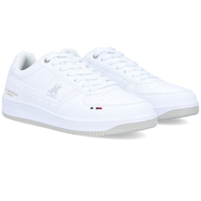 Sapatilhas brancas com sola cinza claro e detalhes coloridos