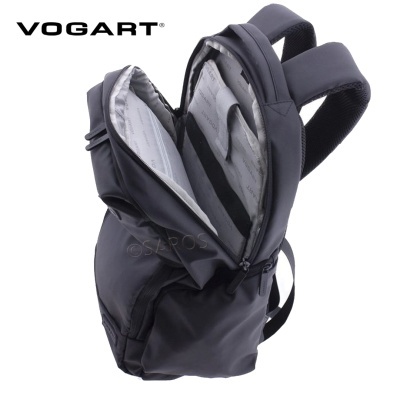Mochila preta Vogart com compartimentos abertos e interior cinzento