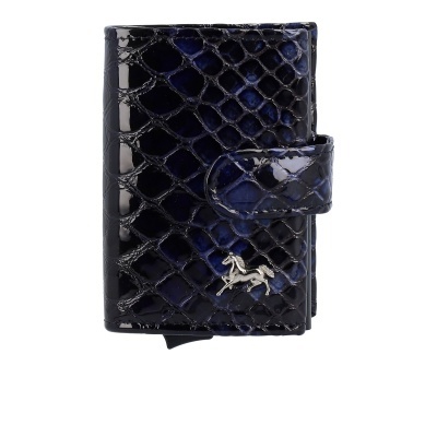 Carteira azul escura com padrão de escamas e símbolo metálico de cavalo