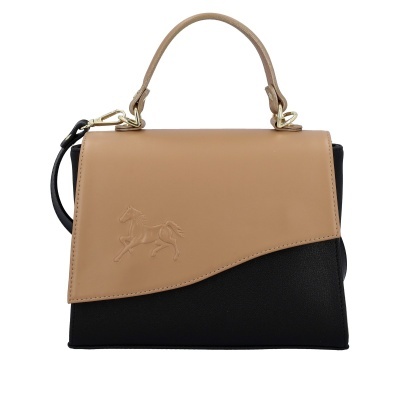 Mala de mão bege e preta com detalhe de cavalo em relevo