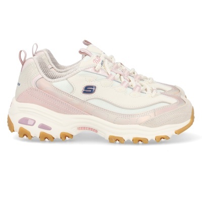 Ténis Skechers rosa e branco com sola robusta