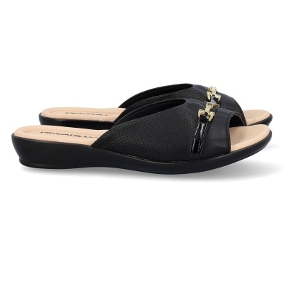 Chinelos femininos pretos com detalhe dourado e palmilha bege