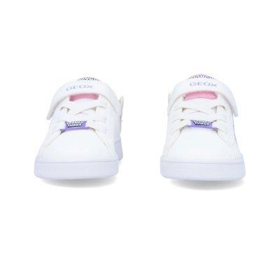 Ténis infantis brancos com velcro e atilhos, detalhes rosa e lilás, marcas GEOX e LOONEY TUNES.