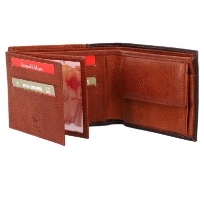 Carteira de couro castanho com divisórias e bolso para moedas