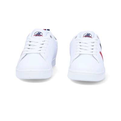 Par de sapatilhas brancas com detalhes em vermelho e azul