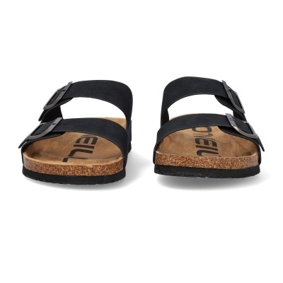 Sandálias pretas com sola de cortiça e fivelas