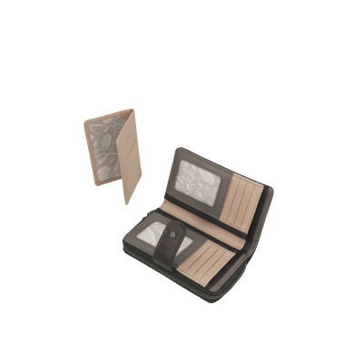 Carteira e porta-cartões bege e cinza com vários compartimentos