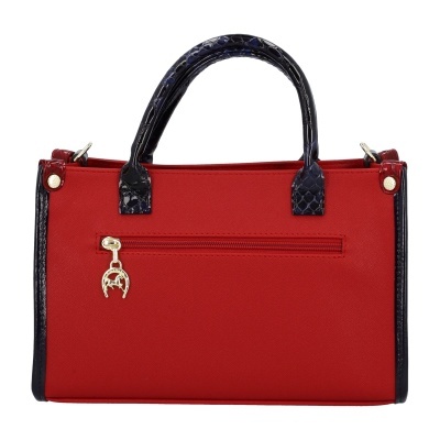 Mala de mãos vermelha com detalhes em azul escuro e preto