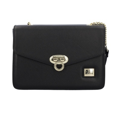 Mala preta de senhora com fecho dourado e corrente dourada