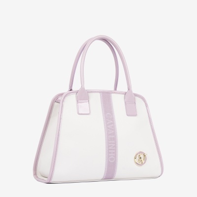 Mala de mão branca e lilás com logo e texto CAIAZINHÃO