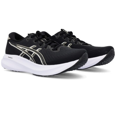 Ténis desportivos ASICS pretos com sola branca e padrão cinzento