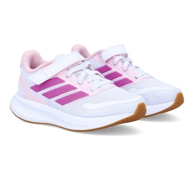 Sapatilhas desportivas brancas com detalhes em rosa e roxo e velcro.