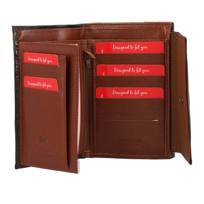 Carteira de pele castanha aberta com cartões vermelhos